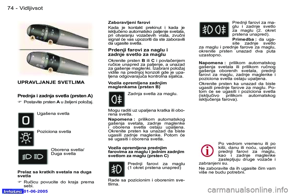 Peugeot 307 2005  Упутство за употребу (in Serbian) �7�4 �-
�0�1�-�0�6�-�2�0�0�5
�7�5
�-
�0�1�-�0�6�-�2�0�0�5
�U�P�R�A�V�L�J�A�N�J�E� �S�V�E�T�L�I�M�A 
�P�r�e�d�n�j�a� �i� �z�a�d�n�j�a� �s�v�e�t�l�a� �(�p�r�s�t�e�n� �A�)
�F
�  �P�o�s�t�a�v�i�t�e� �p�r�