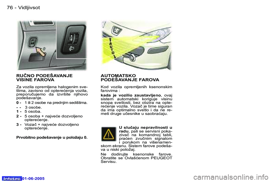 Peugeot 307 2005  Упутство за употребу (in Serbian) �7�6 �-
�0�1�-�0�6�-�2�0�0�5
�7�7
�-
�0�1�-�0�6�-�2�0�0�5
�R�U�Č�N�O� �P�O�D�E�Š�A�V�A�N�J�E�  
�V�I�S�I�N�E� �F�A�R�O�V�A
�Z�a� �v�o�z�i�l�a� �o�p�r�e�m�l�j�e�n�a� �h�a�l�o�g�e�n�i�m� �s�v�e�- 
�t�