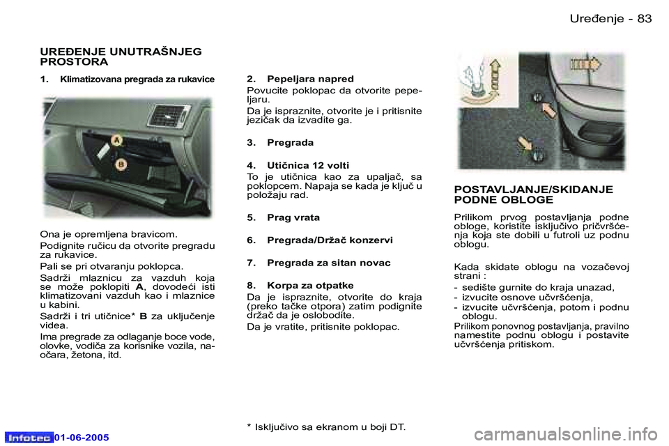 Peugeot 307 2005  Упутство за употребу (in Serbian) �U�r�e�đ�e�n�j�e� �8�2 �-
�0�1�-�0�6�-�2�0�0�5
�8�3�U�r�e�đ�e�n�j�e� �-
�0�1�-�0�6�-�2�0�0�5
�U�R�E�E�N�J�E� �U�N�U�T�R�A�Š�N�J�E�G�  
�P�R�O�S�T�O�R�A
�1�.� �K�l�i�m�a�t�i�z�o�v�a�n�a� �p�r�e�g�