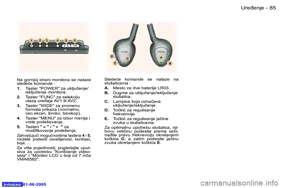 Peugeot 307 2005  Упутство за употребу (in Serbian) �U�r�e�đ�e�n�j�e� �8�4 �-
�0�1�-�0�6�-�2�0�0�5
�8�5�U�r�e�đ�e�n�j�e� �-
�0�1�-�0�6�-�2�0�0�5
�N�a� �g�o�r�n�j�o�j� �s�t�r�a�n�i� �m�o�n�i�t�o�r�a� �s�e� �n�a�l�a�z�e�  
�s�l�e�d�e�ć�e� �k�o�m�a�n�d