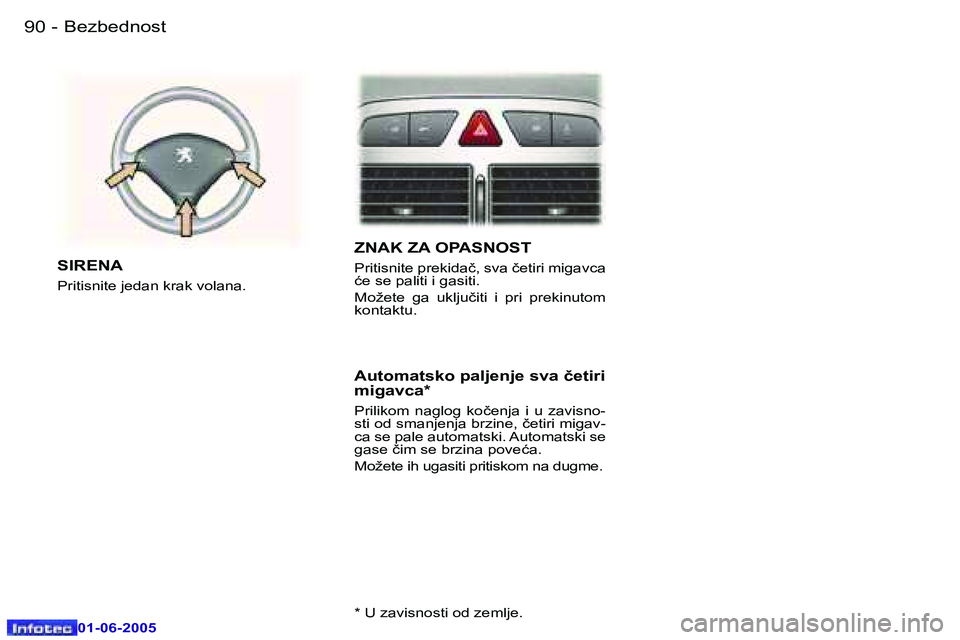 Peugeot 307 2005  Упутство за употребу (in Serbian) �9�0 �-
�0�1�-�0�6�-�2�0�0�5
�9�1
�-
�0�1�-�0�6�-�2�0�0�5
�Z�N�A�K� �Z�A� �O�P�A�S�N�O�S�T
�P�r�i�t�i�s�n�i�t�e� �p�r�e�k�i�d�a�č�,� �s�v�a� �č�e�t�i�r�i� �m�i�g�a�v�c�a�  
�ć�e� �s�e� �p�a�l�i�t�i