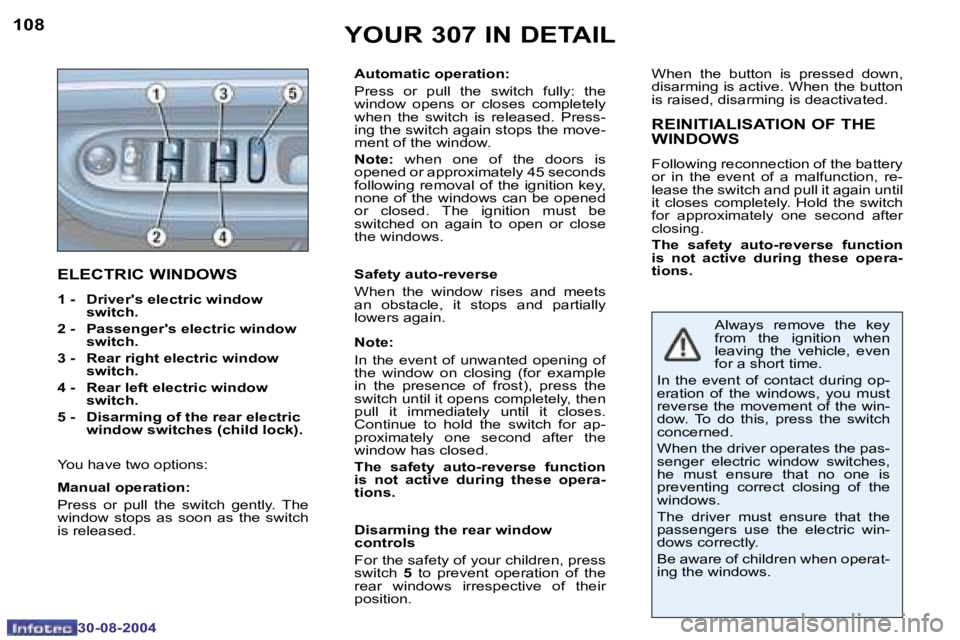 Peugeot 307 2004.5  Owners Manual �1�0�8
�3�0�-�0�8�-�2�0�0�4
�1�0�9
�3�0�-�0�8�-�2�0�0�4
�E�L�E�C�T�R�I�C� �W�I�N�D�O�W�S
�1� �-�  �D�r�i�v�e�r�'�s� �e�l�e�c�t�r�i�c� �w�i�n�d�o�w� �s�w�i�t�c�h�.� 
�2� �-�  �P�a�s�s�e�n�g�e�r�
