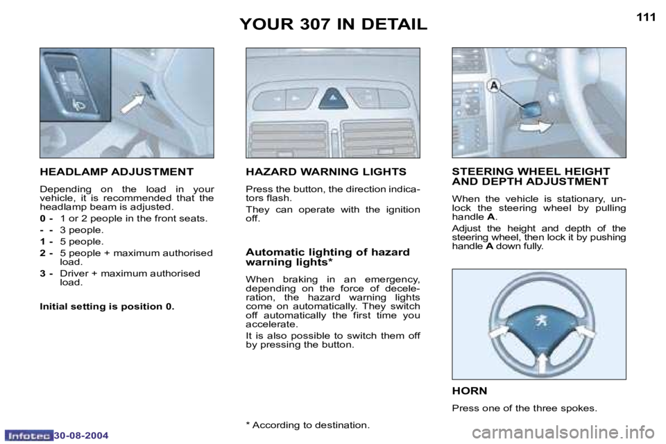 Peugeot 307 2004.5  Owners Manual �1�1�0
�3�0�-�0�8�-�2�0�0�4
�1�1�1
�3�0�-�0�8�-�2�0�0�4
�Y�O�U�R� �3�0�7� �I�N� �D�E�T�A�I�L
�H�E�A�D�L�A�M�P� �A�D�J�U�S�T�M�E�N�T
�D�e�p�e�n�d�i�n�g�  �o�n�  �t�h�e�  �l�o�a�d�  �i�n�  �y�o�u�r�  
�