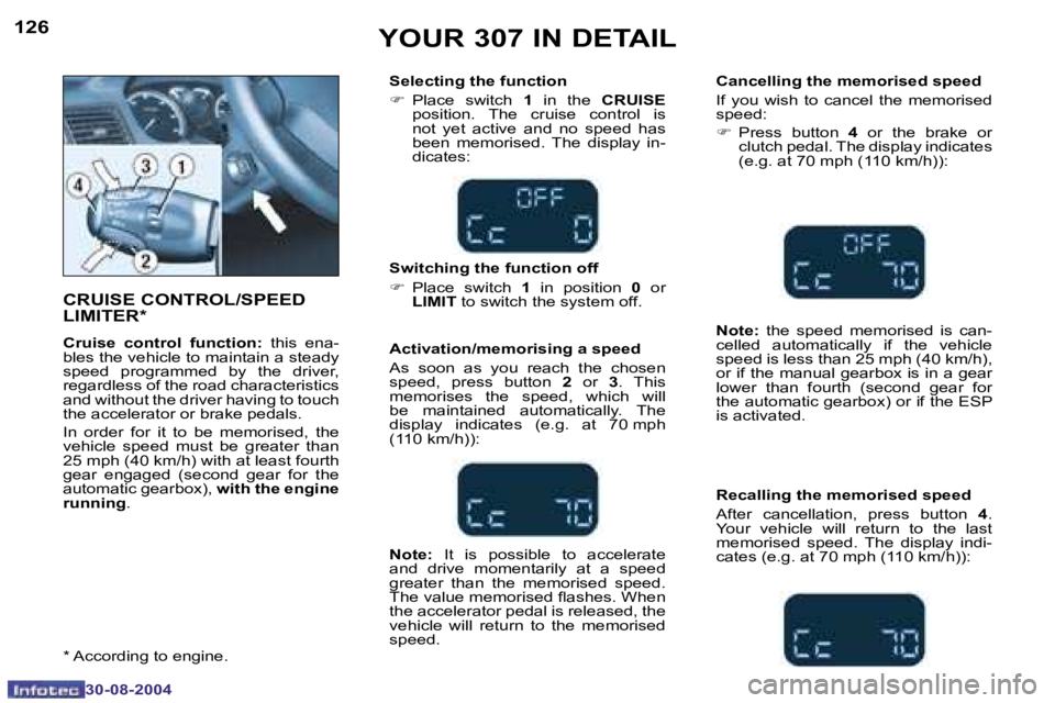 Peugeot 307 2004.5  Owners Manual �1�2�6
�3�0�-�0�8�-�2�0�0�4
�1�2�7
�3�0�-�0�8�-�2�0�0�4
�Y�O�U�R� �3�0�7� �I�N� �D�E�T�A�I�L
�C�R�U�I�S�E� �C�O�N�T�R�O�L�/�S�P�E�E�D�  
�L�I�M�I�T�E�R�*
�C�r�u�i�s�e�  �c�o�n�t�r�o�l�  �f�u�n�c�t�i�o