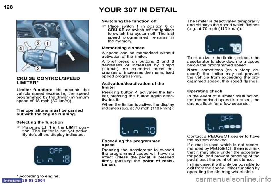 Peugeot 307 2004.5  Owners Manual �1�2�8
�3�0�-�0�8�-�2�0�0�4
�1�2�9
�3�0�-�0�8�-�2�0�0�4
�Y�O�U�R� �3�0�7� �I�N� �D�E�T�A�I�L
�C�R�U�I�S�E� �C�O�N�T�R�O�L�/�S�P�E�E�D�  
�L�I�M�I�T�E�R�*
�L�i�m�i�t�e�r�  �f�u�n�c�t�i�o�n�: �  �t�h�i�