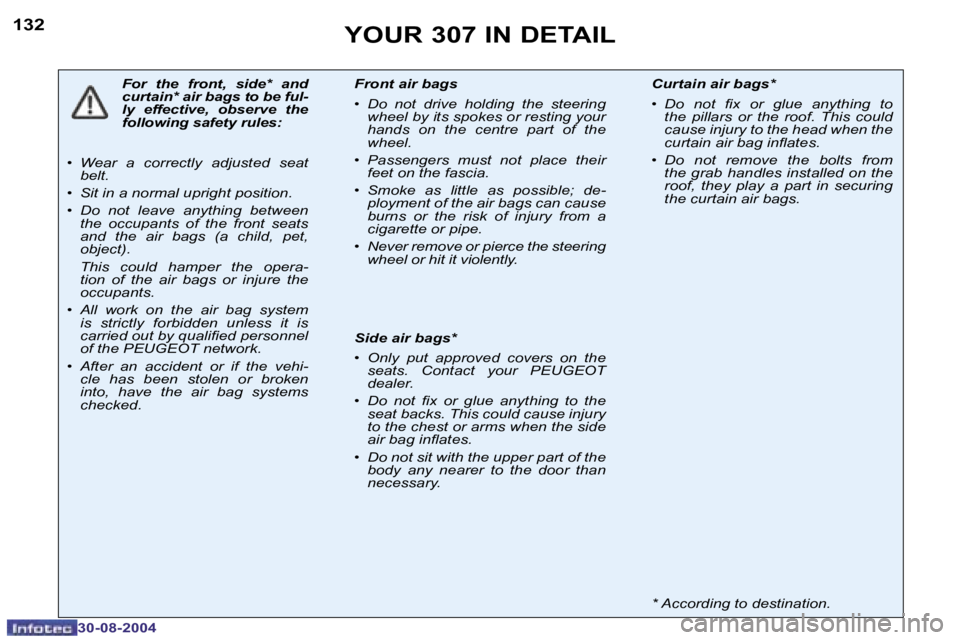 Peugeot 307 2004.5  Owners Manual �1�3�2
�3�0�-�0�8�-�2�0�0�4
�Y�O�U�R� �3�0�7� �I�N� �D�E�T�A�I�L
�F�o�r�  �t�h�e�  �f�r�o�n�t�,�  �s�i�d�e�*�  �a�n�d�  
�c�u�r�t�a�i�n�*� �a�i�r� �b�a�g�s� �t�o� �b�e� �f�u�l�-
�l�y�  �e�f�f�e�c�t�i�