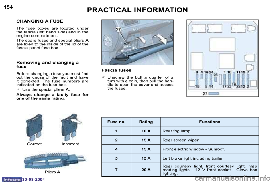 Peugeot 307 2004.5  Owners Manual �1�5�4
�3�0�-�0�8�-�2�0�0�4
�1�5�5
�3�0�-�0�8�-�2�0�0�4
�C�H�A�N�G�I�N�G� �A� �F�U�S�E
�T�h�e�  �f�u�s�e�  �b�o�x�e�s�  �a�r�e�  �l�o�c�a�t�e�d�  �u�n�d�e�r�  
�t�h�e�  �f�a�s�c�i�a�  �(�l�e�f�t�  �h�