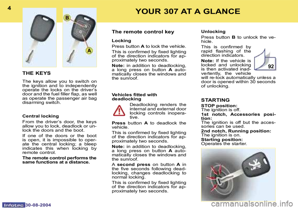 Peugeot 307 2004.5  Owners Manual �9�2
�4
�3�0�-�0�8�-�2�0�0�4
�5
�3�0�-�0�8�-�2�0�0�4
�Y�O�U�R� �3�0�7� �A�T� �A� �G�L�A�N�C�E
�T�H�E� �K�E�Y�S
�T�h�e�  �k�e�y�s�  �a�l�l�o�w�  �y�o�u�  �t�o�  �s�w�i�t�c�h�  �o�n�  
�t�h�e�  �i�g�n�i