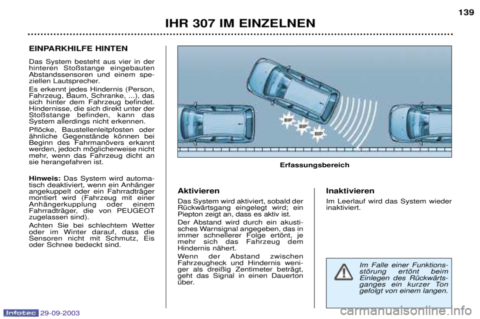 Peugeot 307 2003.5 Betriebsanleitung (in German) 29-09-2003
IHR 307 IM EINZELNEN139
EINPARKHILFE HINTEN Das System besteht aus vier in der hinteren Stoßstange eingebautenAbstandssensoren und einem spe-
ziellen Lautsprecher. Es erkennt jedes Hinder Peugeot 307 2003.5 Betriebsanleitung (in German) 29-09-2003
IHR 307 IM EINZELNEN139
EINPARKHILFE HINTEN Das System besteht aus vier in der hinteren Stoßstange eingebautenAbstandssensoren und einem spe-
ziellen Lautsprecher. Es erkennt jedes Hinder