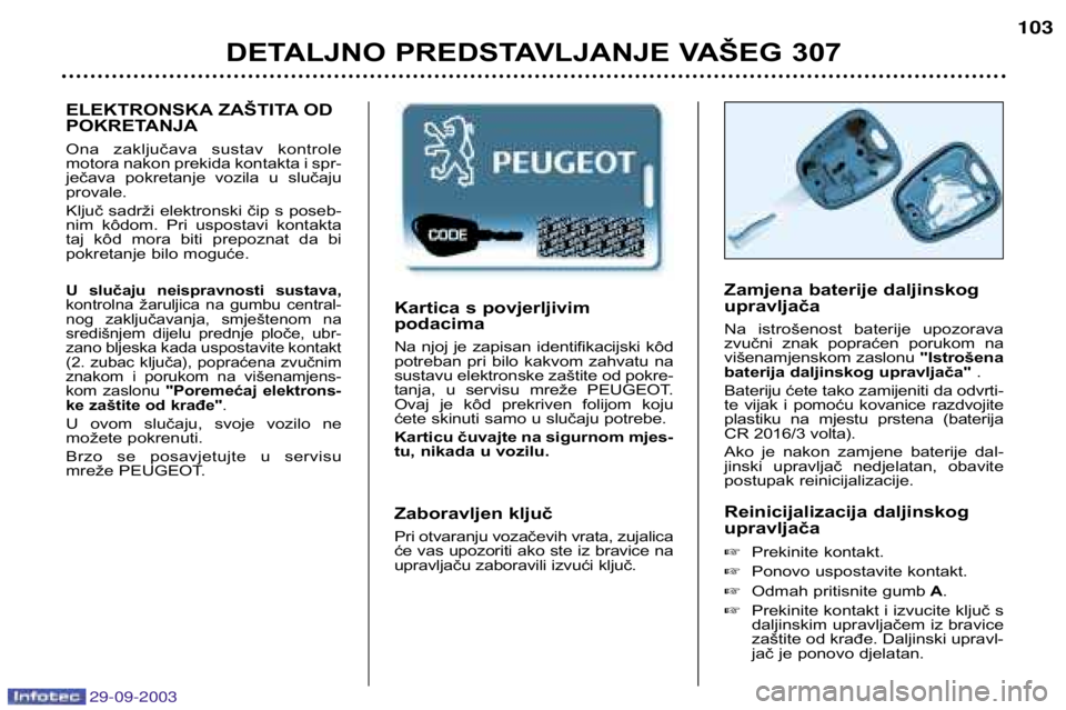 Peugeot 307 2003.5 Vodič za korisnike (in Croatian)
Kartica s povjerljivim podacima
Na njoj je zapisan identifikacijski kôd
potreban pri bilo kakvom zahvatu na
sustavu elektronske zaštite od pokre-
tanja, u servisu mreže P Peugeot 307 2003.5 Vodič za korisnike (in Croatian)
Kartica s povjerljivim podacima
Na njoj je zapisan identifikacijski kôd
potreban pri bilo kakvom zahvatu na
sustavu elektronske zaštite od pokre-
tanja, u servisu mreže P