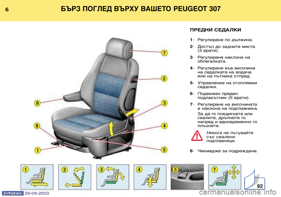 Peugeot 307 2003.5  Ръководство за експлоатация (in Bulgarian) 
БЪРЗ ПОГЛЕД ВЪРХУ ВАШЕТО PEUGEOT 307

ПРЕДНИ СЕДАЛКИ  Регулиране по дължина.
  Достъп до задните места 
(3 вр