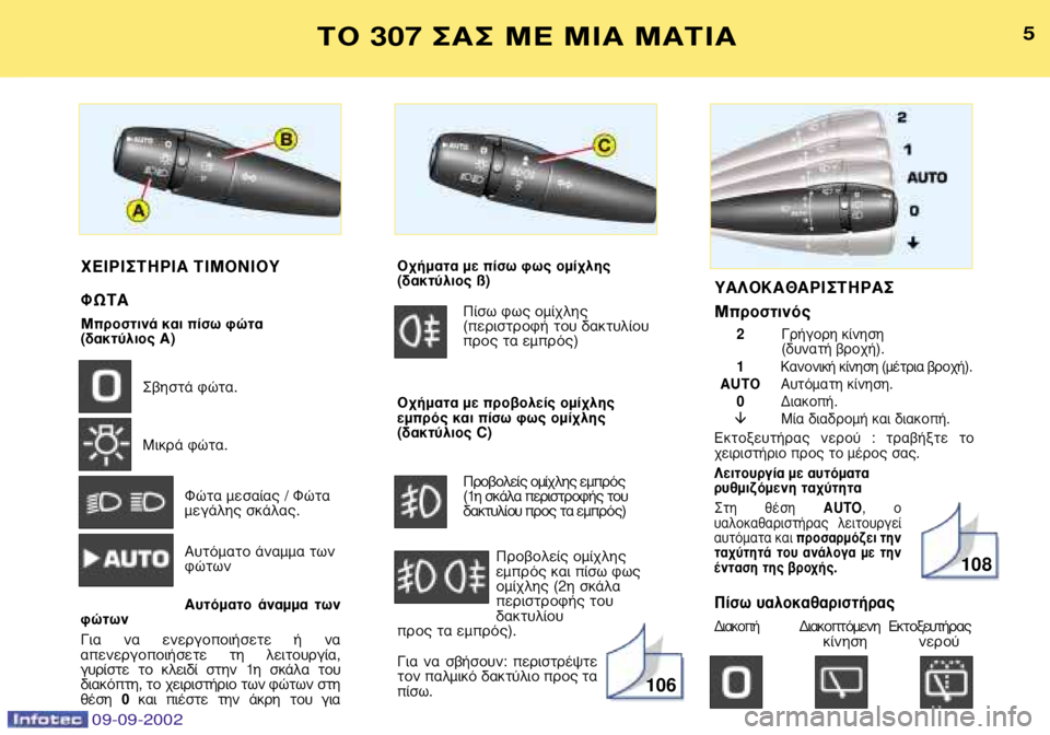 Peugeot 307 2002.5  Εγχειρίδιο χρήσης (in Greek) Ã∂πƒπ™∆∏ƒπ∞ ∆πª√¡π√À ºø∆∞ 
ªÚÔÛÙÈÓ¿ Î·È ›Ûˆ ÊÒÙ· 
(‰·ÎÙ‡ÏÈÔ˜ ∞)™‚ËÛÙ¿ ÊÒÙ·. 
ªÈÎÚ¿ ÊÒÙ·.
ºÒÙ· ÌÂÛ·