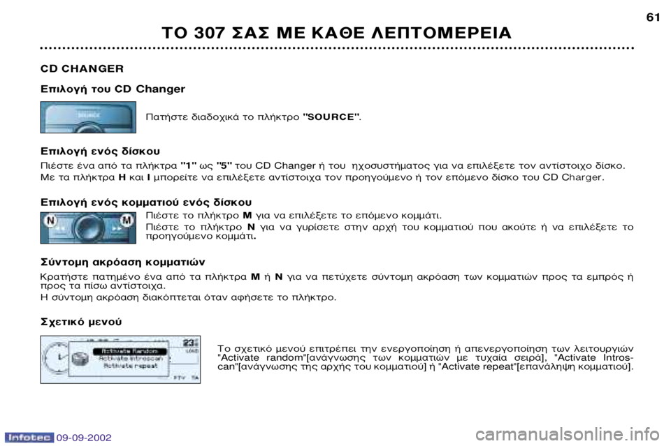 Peugeot 307 2002.5 Εγχειρίδιο χρήσης (in Greek) 09-09-2002
∆√ 307 ™∞™ ª∂ ∫∞£∂ §∂¶∆√ª∂ƒ∂π∞61
C D CHANGER
∂ÈÏÔÁ‹ ÙÔ˘ CD Changer
¶·Ù‹ÛÙ ‰È·‰Ô¯Èο ÙÔ Ï‹ÎÙÚÔ "SOURC Peugeot 307 2002.5 Εγχειρίδιο χρήσης (in Greek) 09-09-2002
∆√ 307 ™∞™ ª∂ ∫∞£∂ §∂¶∆√ª∂ƒ∂π∞61
C D CHANGER
∂ÈÏÔÁ‹ ÙÔ˘ CD Changer
¶·Ù‹ÛÙ ‰È·‰Ô¯Èο ÙÔ Ï‹ÎÙÚÔ "SOURC