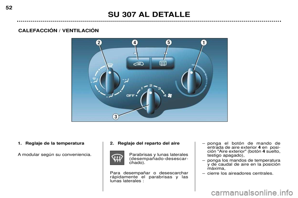 Peugeot 307 2002  Manual del propietario (in Spanish) SU 307 AL DETALLE
52
CALEFACCIîN / VENTILACIîN
1. Reglaje de la temperatura 
A modular segœn su conveniencia. 2. Reglaje del reparto del aire
Parabrisas y lunas laterales (desempa–ado-desescar-ch