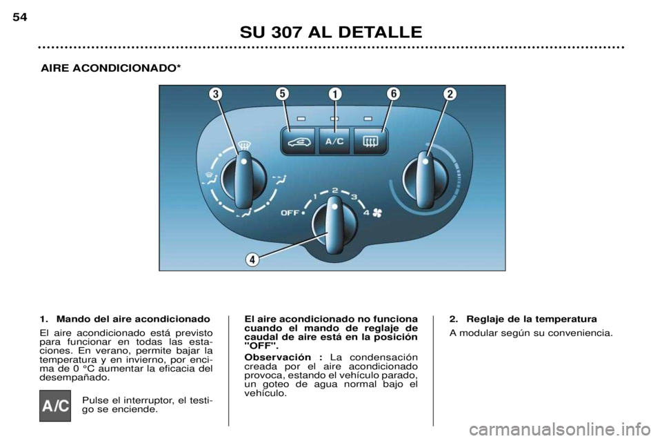 Peugeot 307 2002  Manual del propietario (in Spanish) SU 307 AL DETALLE
54
AIRE ACONDICIONADO*
1. Mando del aire acondicionado El aire acondicionado est‡ previsto para funcionar en todas las esta-ciones. En verano, permite bajar latemperatura y en invi