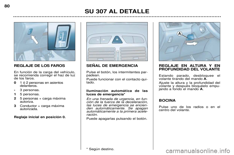 Peugeot 307 2002  Manual del propietario (in Spanish) REGLAJE DE LOS FAROS En funci—n de la carga del veh’culo, se recomienda corregir el haz de luzde los faros. 0 1 — 2 personas en asientos  delanteros.
- 3 personas.
1 5 personas.
2 5 personas + c