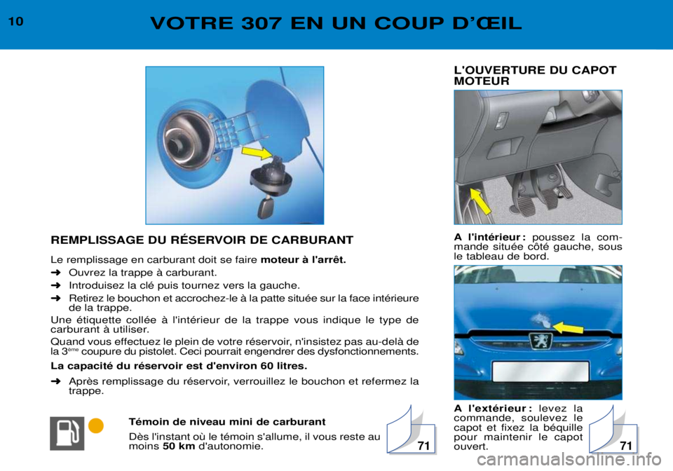 Peugeot 307 2002  Manuel du propriétaire (in French) 10LOUVERTURE DU CAPOT MOTEUR 
A lintŽrieur :poussez la com-
mande situŽe c™tŽ gauche, sous le tableau de bord. 
A lextŽrieur : levez la
commande, soulevez le capot et fixez la bŽquillepour m