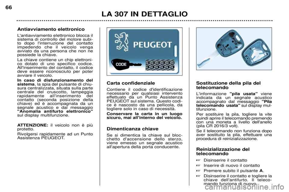Peugeot 307 2002  Manuale del proprietario (in Italian) Carta confidenziale Contiene il codice didentificazione necessario per qualsiasi intervento
effettuato da un Punto Assistenza
PEUGEOT sul sistema. Questo codi-togliere solo in caso di necessitˆ. Con