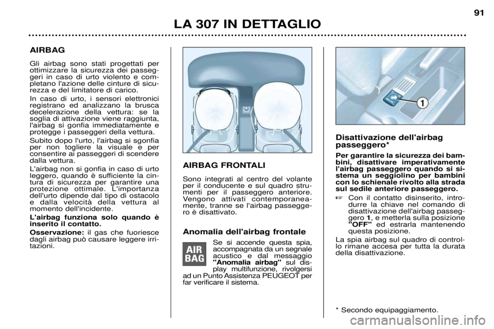 Peugeot 307 2002 Manuale del proprietario (in Italian) AIRBAG Gli airbag sono stati progettati per ottimizzare la sicurezza dei passeg-geri in caso di urto violento e com-pletano lazione delle cinture di sicu-rezza e del limitatore di carico. In caso di Peugeot 307 2002 Manuale del proprietario (in Italian) AIRBAG Gli airbag sono stati progettati per ottimizzare la sicurezza dei passeg-geri in caso di urto violento e com-pletano lazione delle cinture di sicu-rezza e del limitatore di carico. In caso di