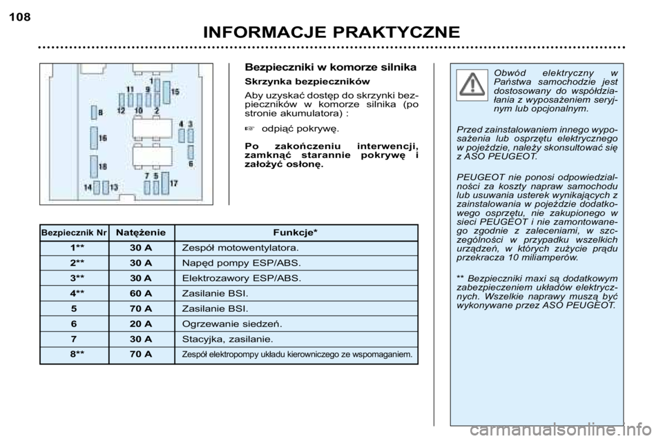 Peugeot 307 2002  Instrukcja Obsługi (in Polish) Obwód  elektryczny  w 
Państwa  samochodzie  jest
dostosowany  do  współdzia-
łania z wyposażeniem seryj-
nym lub opcjonalnym.
Przed zainstalowaniem innego wypo-
sażenia  lub  osprzętu  elektr