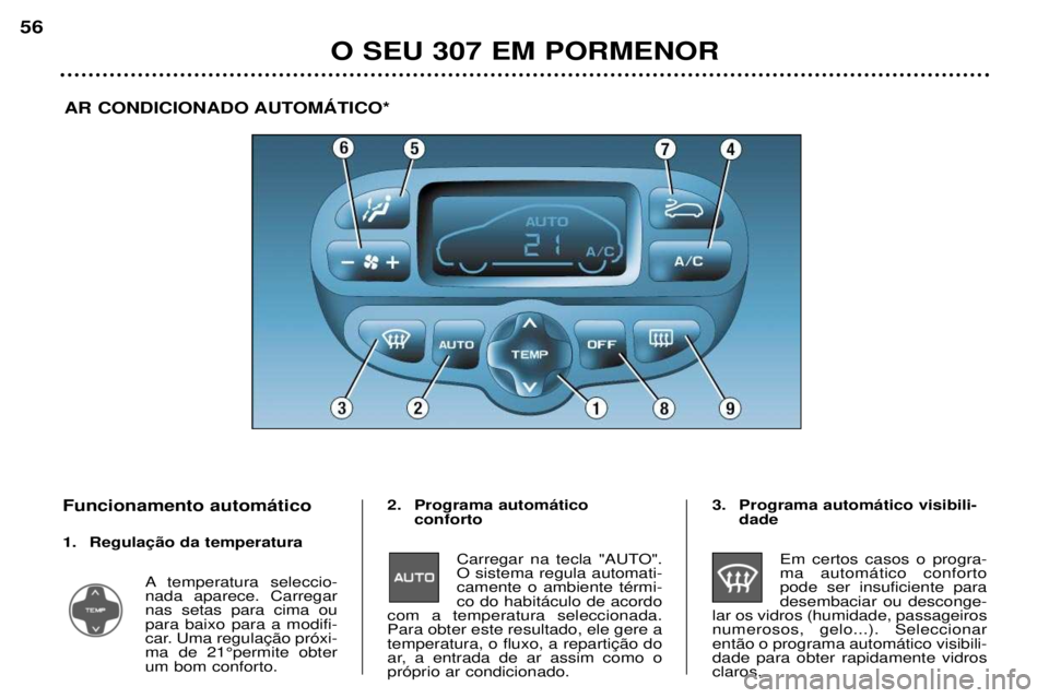 Peugeot 307 2002  Manual do proprietário (in Portuguese) O SEU 307 EM PORMENOR
56
AR CONDICIONADO AUTOMçTICO*
Funcionamento autom‡tico 
1.  A temperatura seleccio- nada aparece. Carregarnas setas para cima oupara baixo para a modifi-
ma de 21¡permite ob