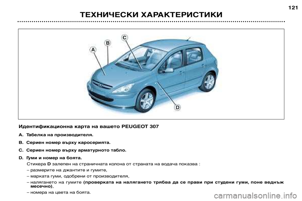 Peugeot 307 2002  Ръководство за експлоатация (in Bulgarian) ТЕХНИЧЕСКИ ХАРАКТЕРИСТИКИ121
Идентификационна карта на вашето PEUGEOT 307 
A. Табелка на производителя. 
B. Сериен но