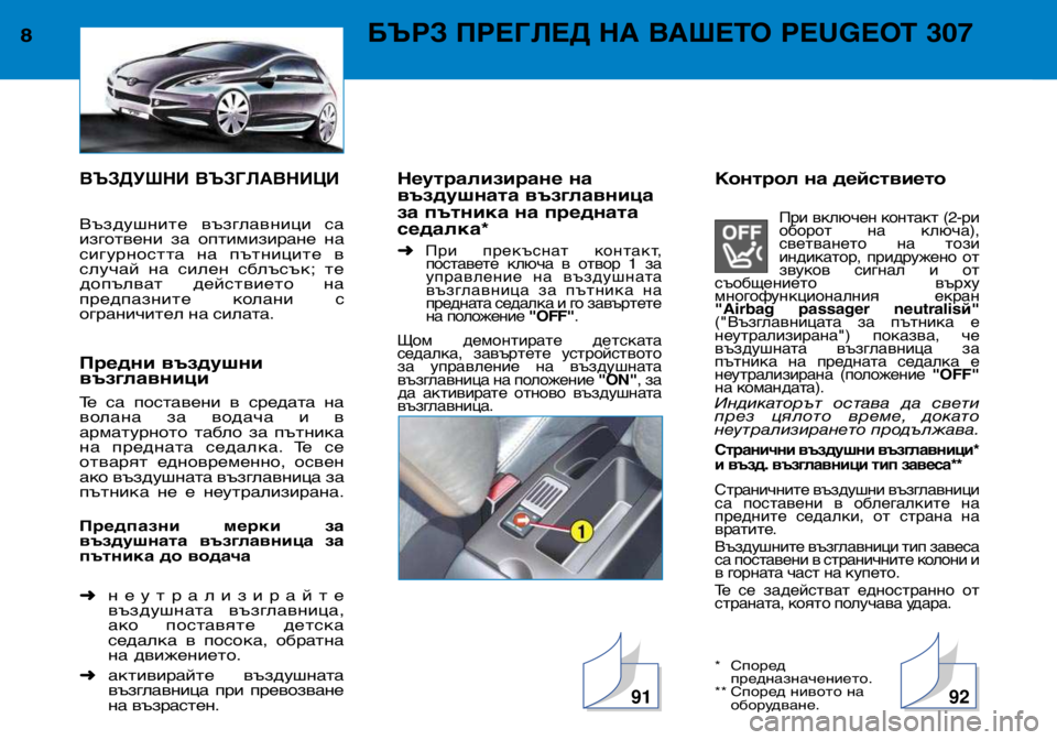 Peugeot 307 2002 Ръководство за експлоатация (in Bulgarian) ВЪЗДУШНИ ВЪЗГЛАВНИЦИ
Въздушните възглавници са
изготвени за оптимизиране на
сигурността на пътниците Peugeot 307 2002 Ръководство за експлоатация (in Bulgarian) ВЪЗДУШНИ ВЪЗГЛАВНИЦИ
Въздушните възглавници са
изготвени за оптимизиране на
сигурността на пътниците