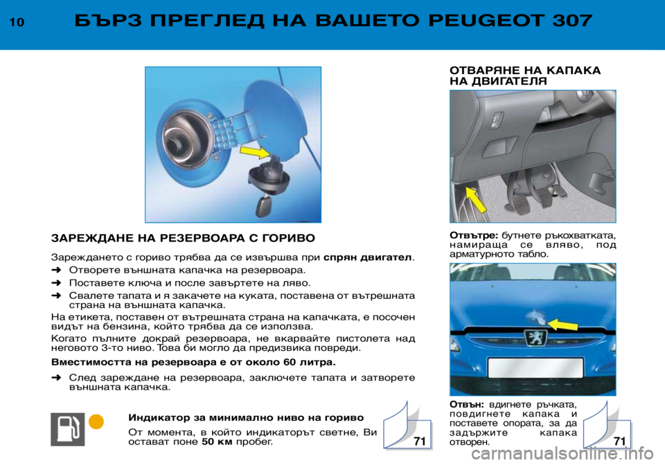 Peugeot 307 2002  Ръководство за експлоатация (in Bulgarian) ОТВАРЯНЕ НА КАПАКА 
НА ДВИГАТЕЛЯ Отвътре:бутнете  ръкохватката,
намираща  се  вляво,  под 
арматурното табло.
О