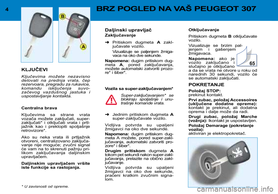 Peugeot 307 2002 Упутство за употребу (in Serbian) Otključavanje
Pritiskom dugmeta Botključavate
vozilo.
Vizualizuje se brzim pal-
jenjem i gašenjemžmigavaca. Napomena: ako je
vozilo zaključano i
slučajno je otključano
a da se vr Peugeot 307 2002 Упутство за употребу (in Serbian) Otključavanje
Pritiskom dugmeta Botključavate
vozilo.
Vizualizuje se brzim pal-
jenjem i gašenjemžmigavaca. Napomena: ako je
vozilo zaključano i
slučajno je otključano
a da se vr