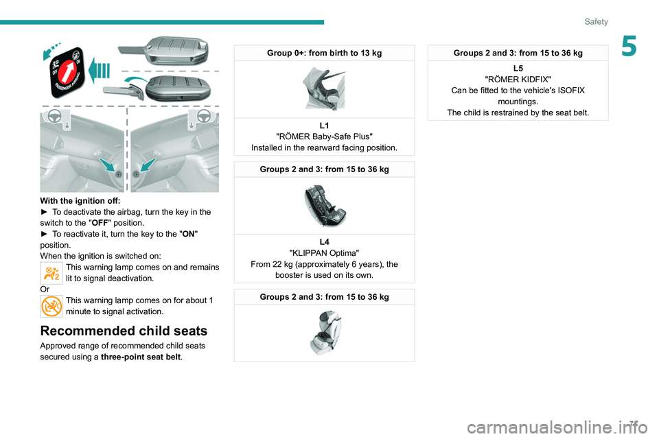 Peugeot 308 2021  Owners Manual 71
Safety
5
 
With the ignition off:
► T o deactivate the airbag, turn the key in the 
switch to the "OFF " position. 
►
 
T
 o reactivate it, turn the key to the "ON" 
position.
W