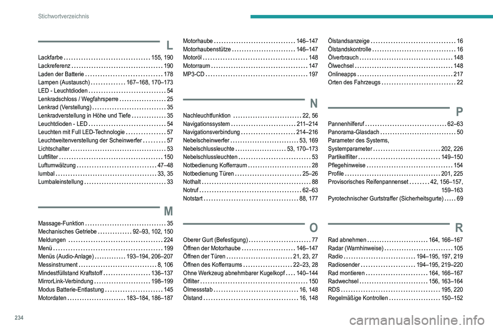 Peugeot 308 2021  Betriebsanleitung (in German) 234
Stichwortverzeichnis
L
Lackfarbe    155, 190
Lackreferenz     
190
Laden der Batterie
    
178
Lampen (Austausch)
    
167–168, 170–173
LED - Leuchtdioden
    
54
Lenkradschloss / Wegfahrsperr