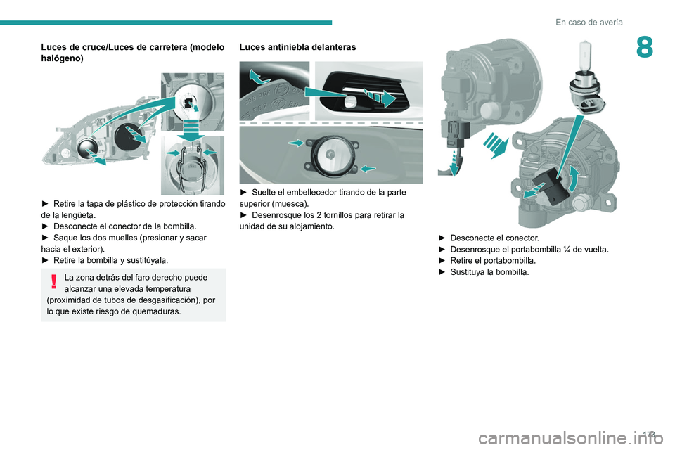 Peugeot 308 2021  Manual del propietario (in Spanish) 173
En caso de avería
8Luces de cruce/Luces de carretera (modelo 
halógeno)
 
 
► Retire la tapa de plástico de protección tirando 
de la lengüeta.
►
 
Desconecte el conector de la bombilla
 