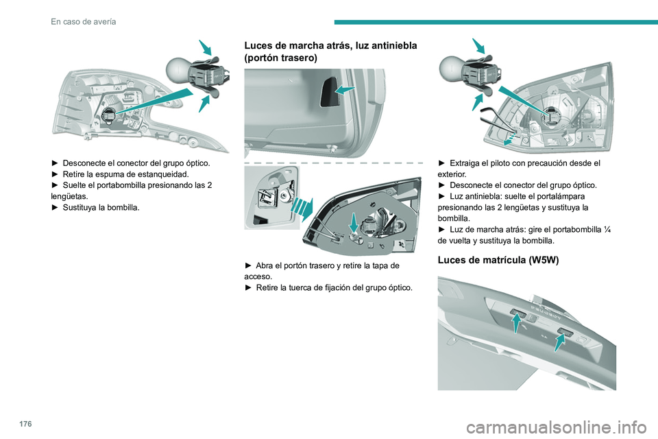 Peugeot 308 2021  Manual del propietario (in Spanish) 176
En caso de avería
 
► Desconecte el conector del grupo óptico.
►  Retire la espuma de estanqueidad.
►
 
Suelte el portabombilla
  presionando las 2 
lengüetas.
►
 
Sustituya la bombilla