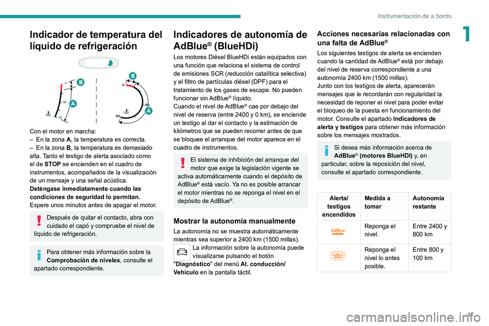 Peugeot 308 2021  Manual del propietario (in Spanish) 17
Instrumentación de a bordo
1Indicador de temperatura del 
líquido de refrigeración
 
 
Con el motor en marcha:
– En la zona  A, la temperatura es correcta.
–
 
En la zona 
 B, la temperatura