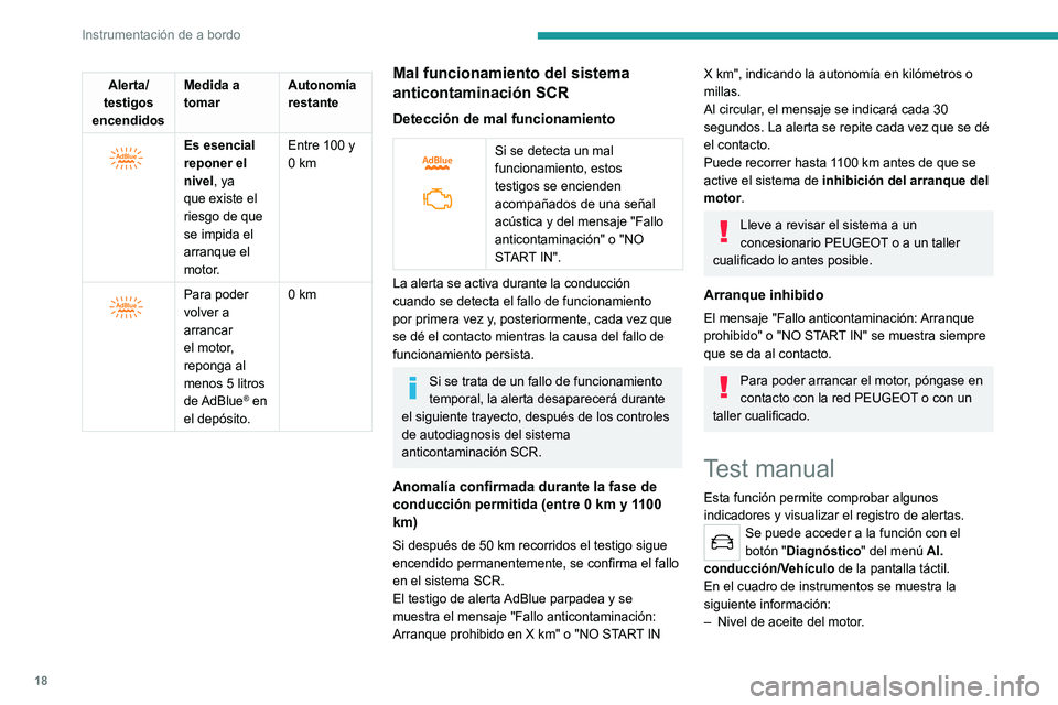 Peugeot 308 2021  Manual del propietario (in Spanish) 18
Instrumentación de a bordo
– Kilometraje hasta la próxima revisión de 
mantenimiento.
–  Presión de inflado de los neumáticos.
–  Autonomía asociada con AdBlue y el sistema 
SCR (diése