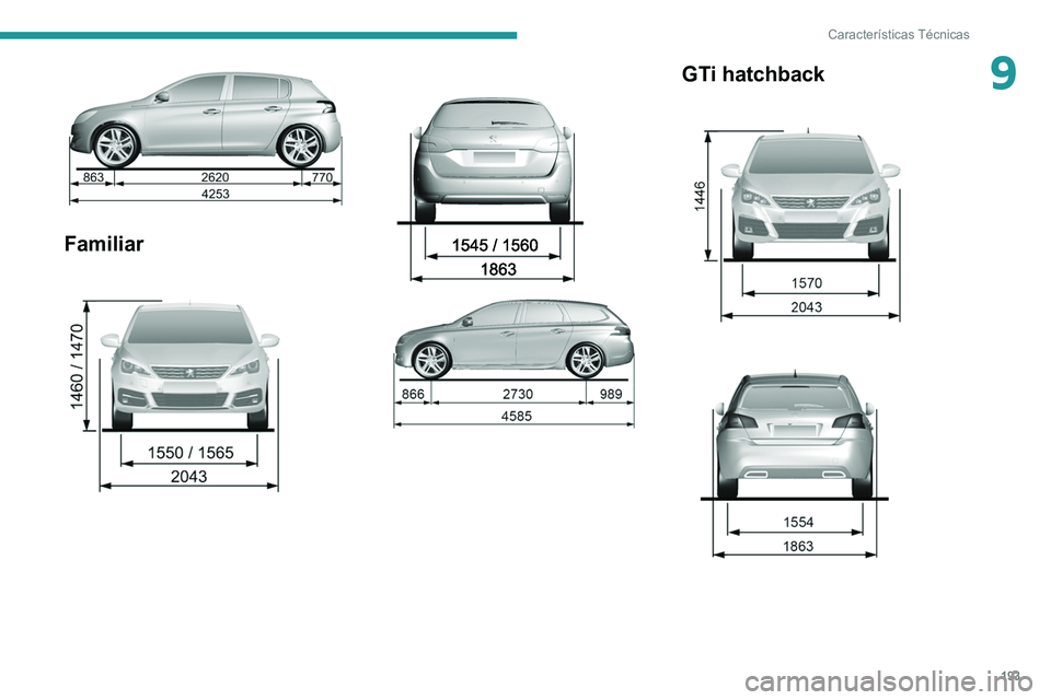 Peugeot 308 2021  Manual del propietario (in Spanish) 193
Características Técnicas
9
 
Familiar 
 
GTi hatchback    