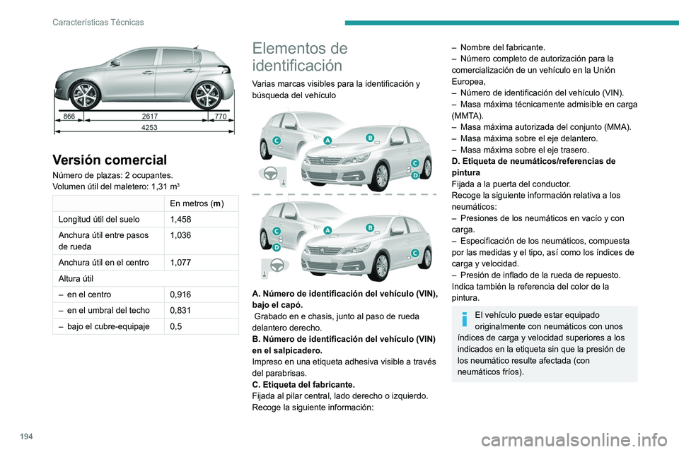 Peugeot 308 2021  Manual del propietario (in Spanish) 194
Características Técnicas
 
Versión comercial
Número de plazas: 2 ocupantes.
Volumen útil del maletero: 1,31 m3
En metros (m)
Longitud útil del suelo 1,458
Anchura útil entre pasos 
de rueda