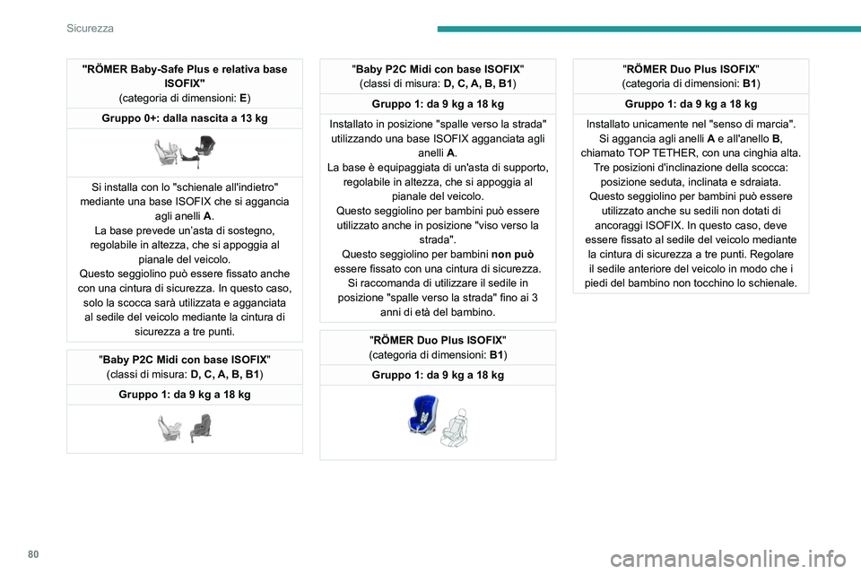 Peugeot 308 2021 Manuale del proprietario (in Italian) 80
Sicurezza
Ubicazione dei seggiolini ISOFIX per bambini
Conformemente alle normative europee, questa tabella mostra le possibili\
collocazioni dei seggiolini ISOFIX per bambini sui sedili equipaggi Peugeot 308 2021 Manuale del proprietario (in Italian) 80
Sicurezza
Ubicazione dei seggiolini ISOFIX per bambini
Conformemente alle normative europee, questa tabella mostra le possibili\
collocazioni dei seggiolini ISOFIX per bambini sui sedili equipaggi