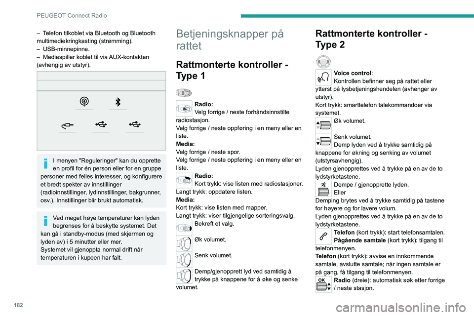 Peugeot 308 2021 Brukerhåndbok (in Norwegian) 182
PEUGEOT Connect Radio
Media (dreie): forrige / neste spor, søke seg i
listen.
Kort trykk: bekrefte et valg; hvis ingen valgt,
tilgang til forhåndsinnstillinger.
Radio: vise listen over stasjon Peugeot 308 2021 Brukerhåndbok (in Norwegian) 182
PEUGEOT Connect Radio
Media (dreie): forrige / neste spor, søke seg i
listen.
Kort trykk: bekrefte et valg; hvis ingen valgt,
tilgang til forhåndsinnstillinger.
Radio: vise listen over stasjon