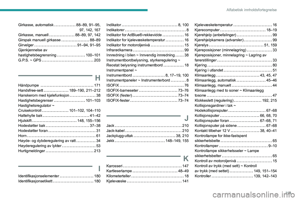 Peugeot 308 2021  Brukerhåndbok (in Norwegian) 221
Alfabetisk innholdsfortegnelse
Girkasse, automatisk    88–89, 91–95,  
97, 142, 167
Girkasse, manuell
    
88–89, 97, 142
Girspak manuell girkasse
    
88–89
Girvelger
    
91–94, 91–9