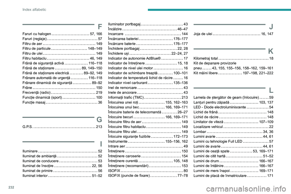 Peugeot 308 2021  Manualul de utilizare (in Romanian) 232
Index alfabetic
F
Faruri cu halogen     57, 166
Faruri (reglaje)     
57
Filtru de aer
    
149
Filtru de particule
    
148–149
Filtru de ulei
    
149
Filtru habitaclu
    
46, 149
Frână de 