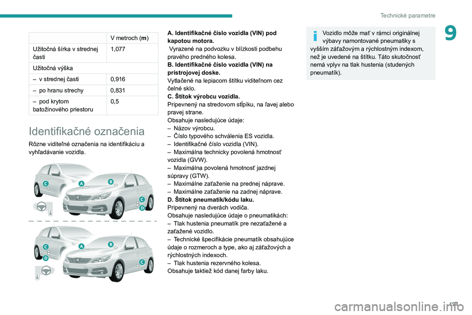 Peugeot 308 2021 Užívateľská príručka (in Slovak) 191
Technické parametre
9V metroch (m)
Užitočná šírka v
strednej
časti 1,077
Užitočná výška
–
v strednej časti 0,916
–
po hranu strechy 0,831
–
pod krytom
batožinového Peugeot 308 2021 Užívateľská príručka (in Slovak) 191
Technické parametre
9V metroch (m)
Užitočná šírka v
strednej
časti 1,077
Užitočná výška
–
v strednej časti 0,916
–
po hranu strechy 0,831
–
pod krytom
batožinového