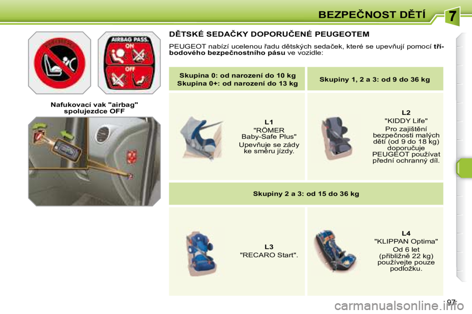 Peugeot 308 2007.5  Návod k obsluze (in Czech) �9�7
�B�E�Z�P�E�Č�N�O�S�T� �D(�T�Í
�N�a�f�u�k�o�v�a�c�í� �v�a�k� �"�a�i�r�b�a�g�"� �s�p�o�l�u�j�e�z�d�c�e� �O�F�F
�D(�T�S�K�É� �S�E�D�A�Č�K�Y� �D�O�P�O�R�U�Č�E�N�É� �P�E�U�G�E�O�T�E�M