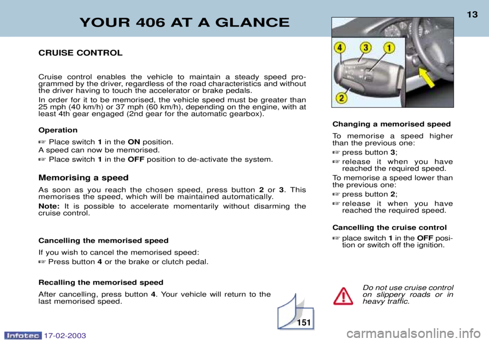 Peugeot 406 2003 Owners Manual 17-02-2003
Memorising a speed As soon as you reach the chosen speed, press button 2 or 3. This
memorises the speed, which will be maintained automatically. Note: It is possible to accelerate momentar Peugeot 406 2003 Owners Manual 17-02-2003
Memorising a speed As soon as you reach the chosen speed, press button 2 or 3. This
memorises the speed, which will be maintained automatically. Note: It is possible to accelerate momentar
