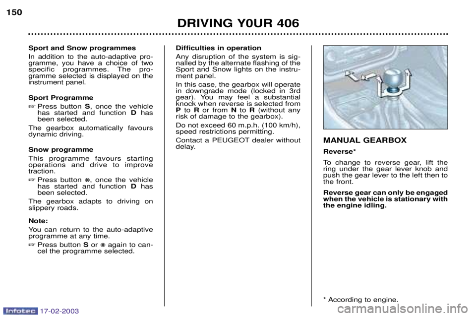 Peugeot 406 2003 Owners Manual 17-02-2003
DRIVING Y0UR 406
150
Sport and Snow programmes In addition to the auto-adaptive pro- gramme, you have a choice of two
specific programmes. The pro-gramme selected is displayed on theinstrum Peugeot 406 2003 Owners Manual 17-02-2003
DRIVING Y0UR 406
150
Sport and Snow programmes In addition to the auto-adaptive pro- gramme, you have a choice of two
specific programmes. The pro-gramme selected is displayed on theinstrum