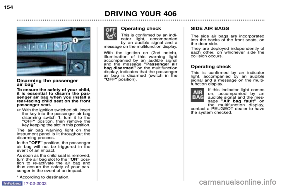 Peugeot 406 2003 Owners Manual 17-02-2003
Operating check This is confirmed by an indi- cator light, accompanied by an audible signal and a
message on the multifunction display. With the ignition on (2nd notch), illumination of thi Peugeot 406 2003 Owners Manual 17-02-2003
Operating check This is confirmed by an indi- cator light, accompanied by an audible signal and a
message on the multifunction display. With the ignition on (2nd notch), illumination of thi