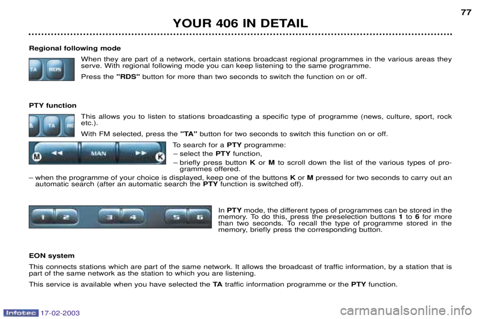 Peugeot 406 2003 Owners Manual 17-02-2003
Regional following modeWhen they are part of a network, certain stations broadcast regional programmes in the various areas they serve. With regional following mode you can keep listening t Peugeot 406 2003 Owners Manual 17-02-2003
Regional following modeWhen they are part of a network, certain stations broadcast regional programmes in the various areas they serve. With regional following mode you can keep listening t