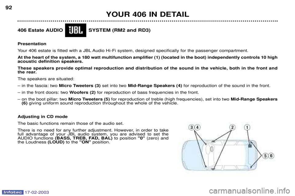 Peugeot 406 2003 Owners Manual 17-02-2003
YOUR 406 IN DETAIL
92
406 Estate AUDIO SYSTEM (RM2 and RD3) Presentation
Your 406 estate is fitted with a JBL Audio Hi-Fi system, designed specifically for the passenger compartment.At th Peugeot 406 2003 Owners Manual 17-02-2003
YOUR 406 IN DETAIL
92
406 Estate AUDIO SYSTEM (RM2 and RD3) Presentation
Your 406 estate is fitted with a JBL Audio Hi-Fi system, designed specifically for the passenger compartment.At th