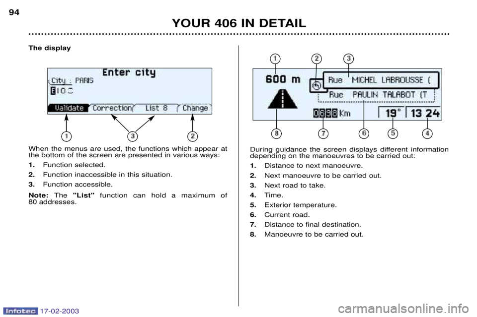 Peugeot 406 2003  Owners Manual 17-02-2003
The display When the menus are used, the functions which appear at the bottom of the screen are presented in various ways: 1.Function selected.
2. Function inaccessible in this situation.
3