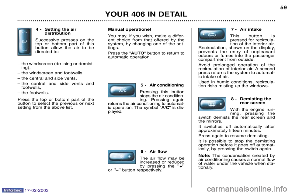 Peugeot 406 2003 Owners Manual 17-02-2003
4 - Setting the airdistribution
Successive presses on the top or bottom part of thisbutton allow the air to bedirected to:
Ð the windscreen (de-icing or demist- ing),
Ð the windscreen and Peugeot 406 2003 Owners Manual 17-02-2003
4 - Setting the airdistribution
Successive presses on the top or bottom part of thisbutton allow the air to bedirected to:
Ð the windscreen (de-icing or demist- ing),
Ð the windscreen and